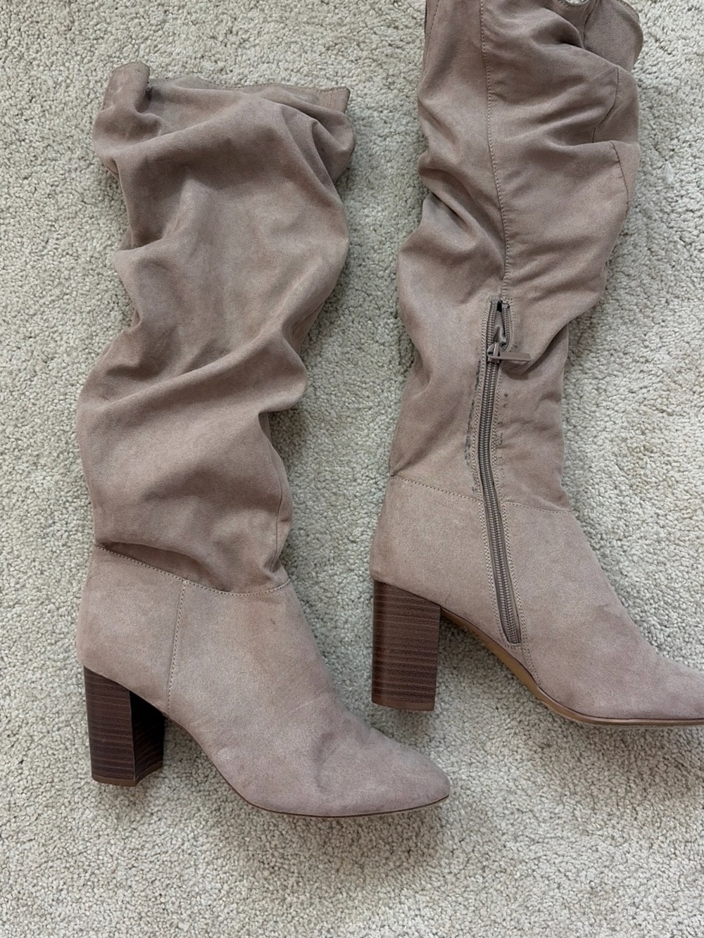 Over-the-Knee Slouchy Suede Boots in Taupe